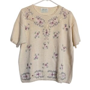 Colleens Collectibles Cream Floral Embroidered Short Sleeve Knit Sweater XL